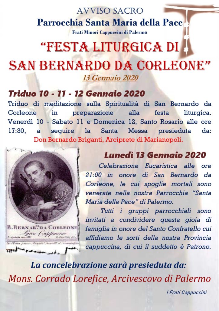 Festa Liturgica di  San Bernardo da Corleone - Parrocchia Santa Maria della Pace dei Frati Minori Cappuccini Palermo